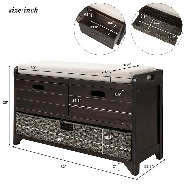Banc de rangement capitonné avec 2 tiroirs et panier amovible – Aucun assemblage requis