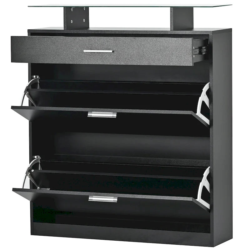 Meuble à Chaussures avec Plateau en Verre Trempé, 2 Tiroirs Basculants et Lumière LED – 16 Paires