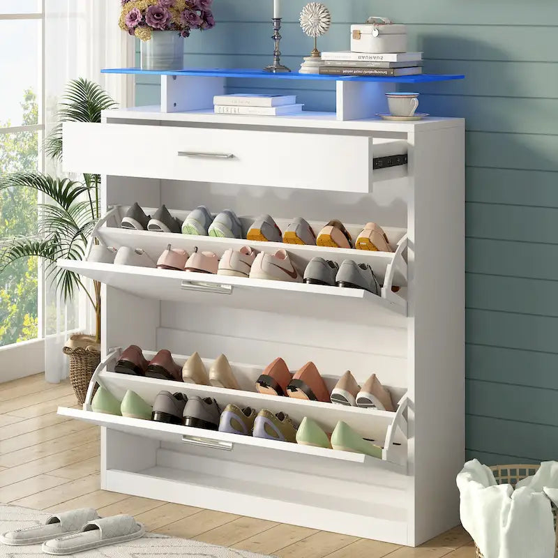 Meuble à Chaussures avec Plateau en Verre Trempé, 2 Tiroirs Basculants et Lumière LED – 16 Paires