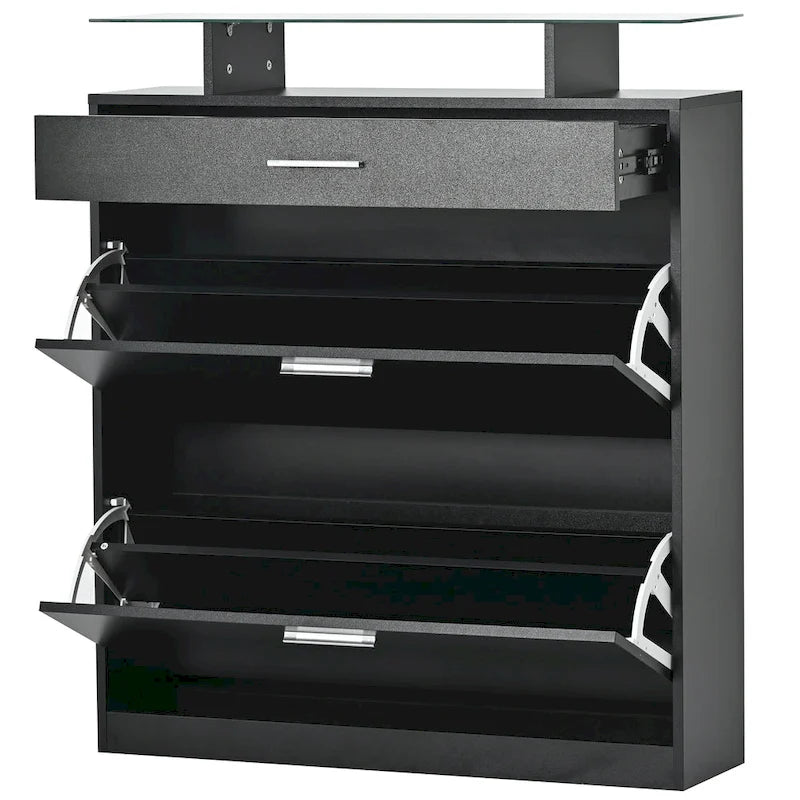 Meuble à Chaussures avec Plateau en Verre Trempé, 2 Tiroirs Basculants et Lumière LED – 16 Paires