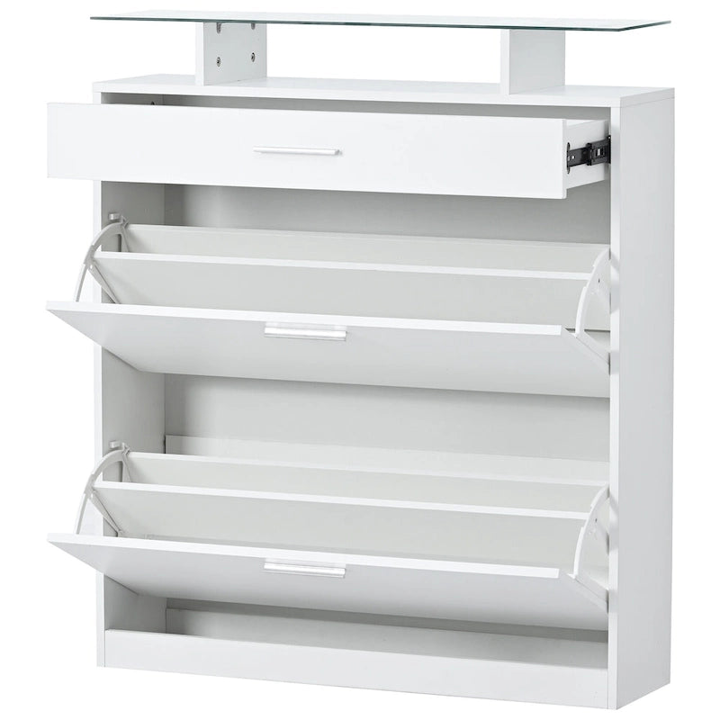 Meuble à Chaussures avec Plateau en Verre Trempé, 2 Tiroirs Basculants et Lumière LED – 16 Paires
