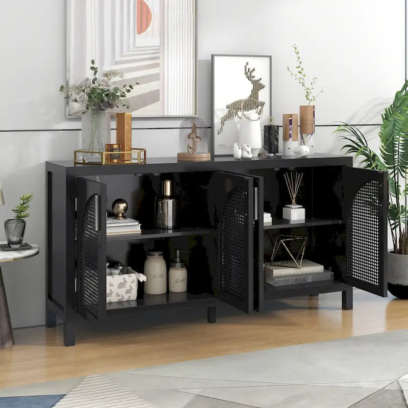 Buffet 4 portes avec panneaux en rotin et pieds en bois massif – Capacité supérieure de 151 kg
