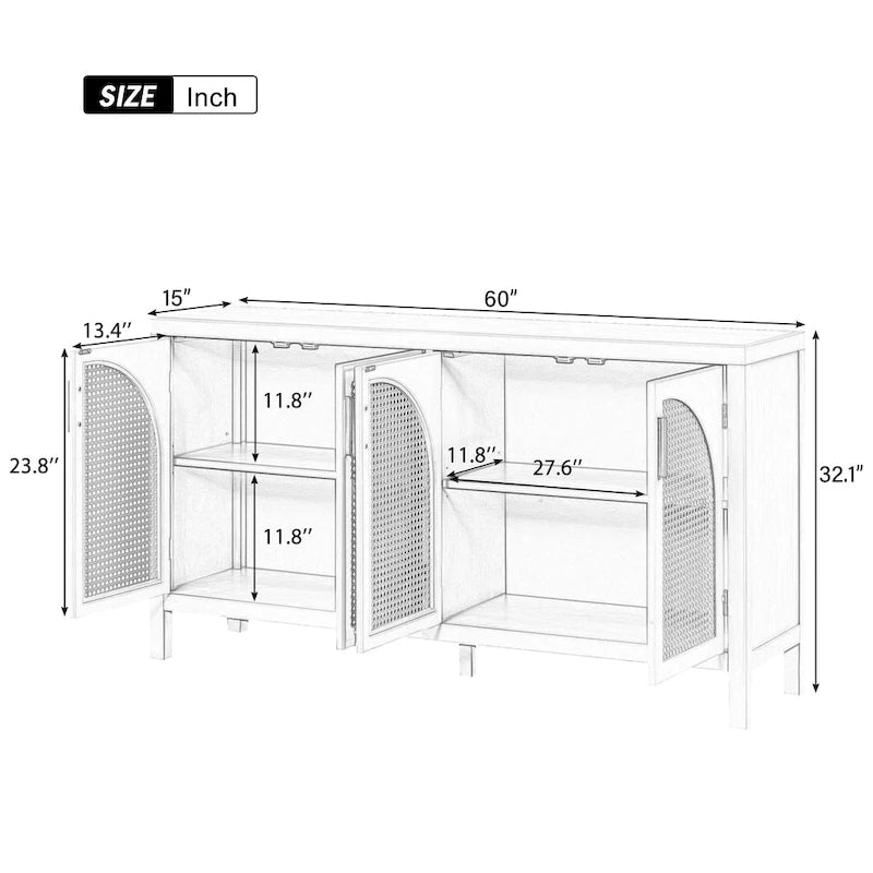 Buffet 4 portes avec panneaux en rotin et pieds en bois massif – Capacité supérieure de 151 kg