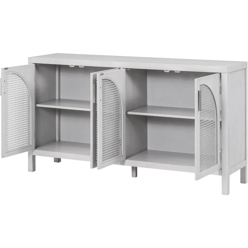 Buffet 4 portes avec panneaux en rotin et pieds en bois massif – Capacité supérieure de 151 kg