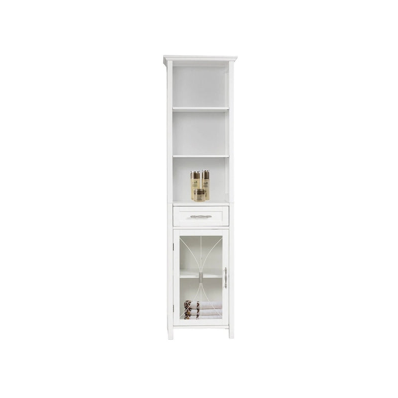 Colonne de rangement de 65 po en lin avec porte en verre cathédrale, moulure couronnée et tablettes réglables