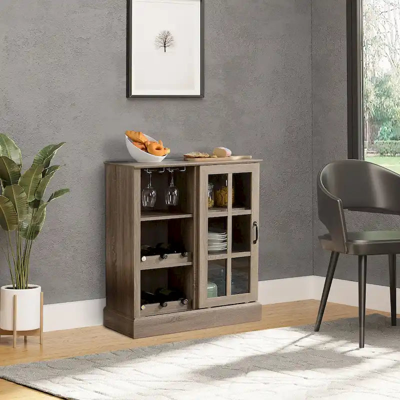 Meuble Bahut Bar avec Porte Coulissante en Verre et Casier à Bouteilles