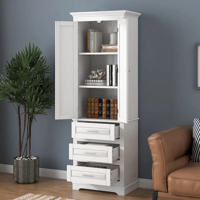 Armoire de rangement haute avec 2 portes, 3 tiroirs et une étagère réglable