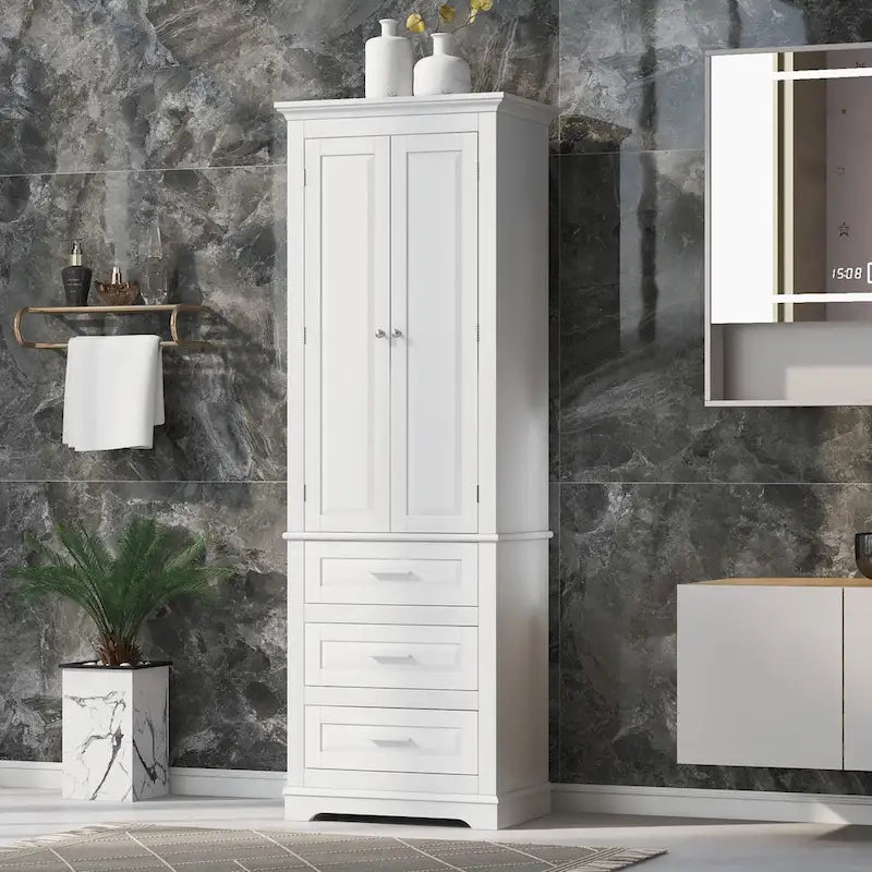 Armoire de rangement haute avec 2 portes, 3 tiroirs et une étagère réglable