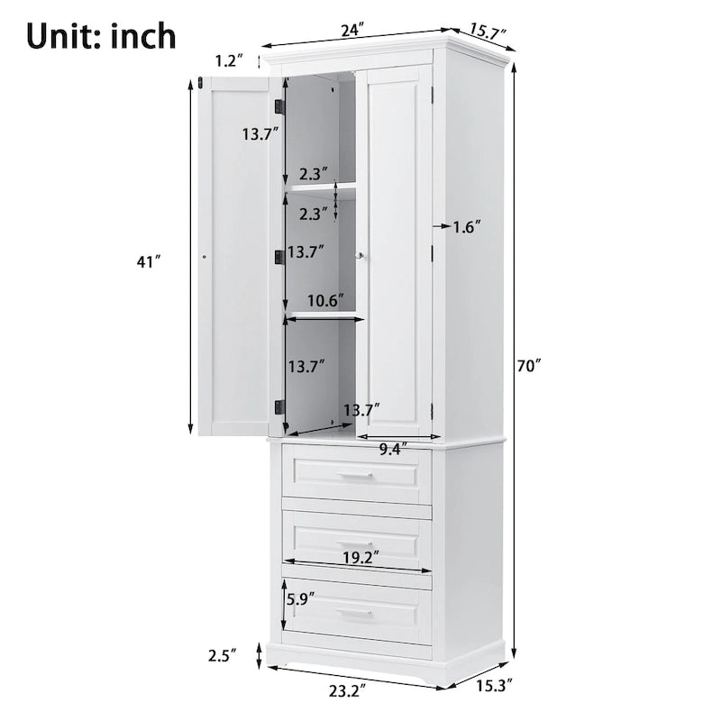 Armoire de rangement haute avec 2 portes, 3 tiroirs et une étagère réglable