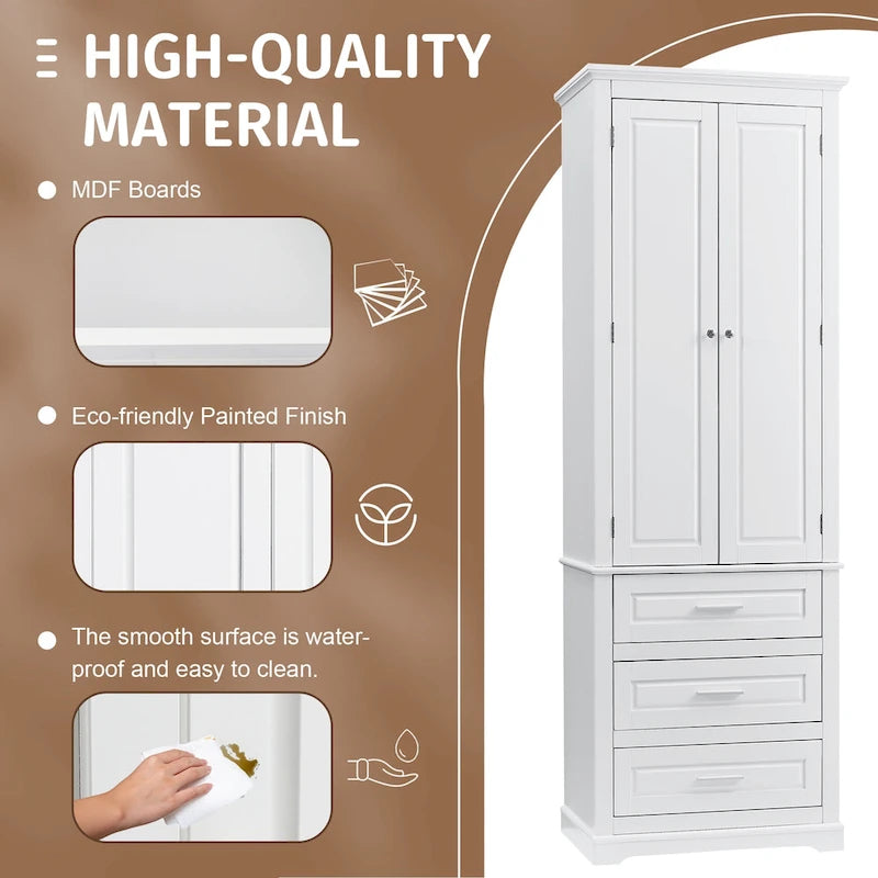 Armoire de rangement haute avec 2 portes, 3 tiroirs et une étagère réglable