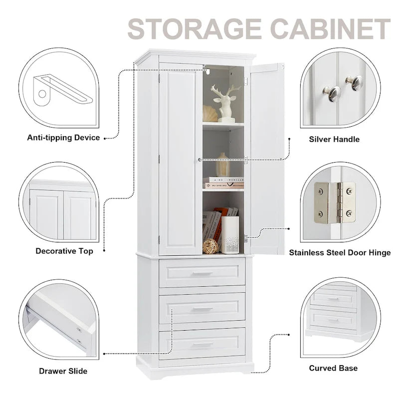 Armoire de rangement haute avec 2 portes, 3 tiroirs et une étagère réglable