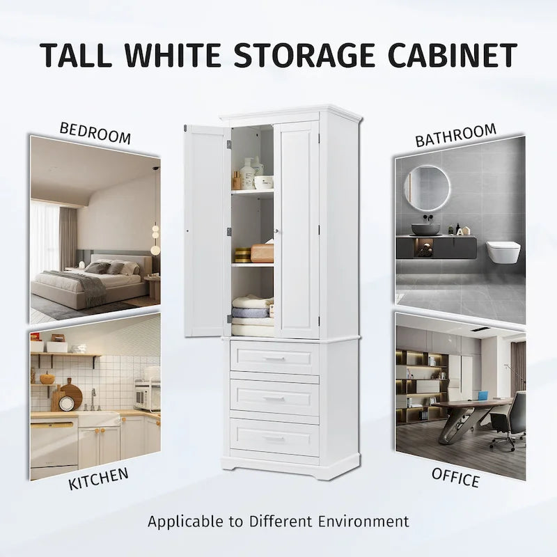 Armoire de rangement haute avec 2 portes, 3 tiroirs et une étagère réglable