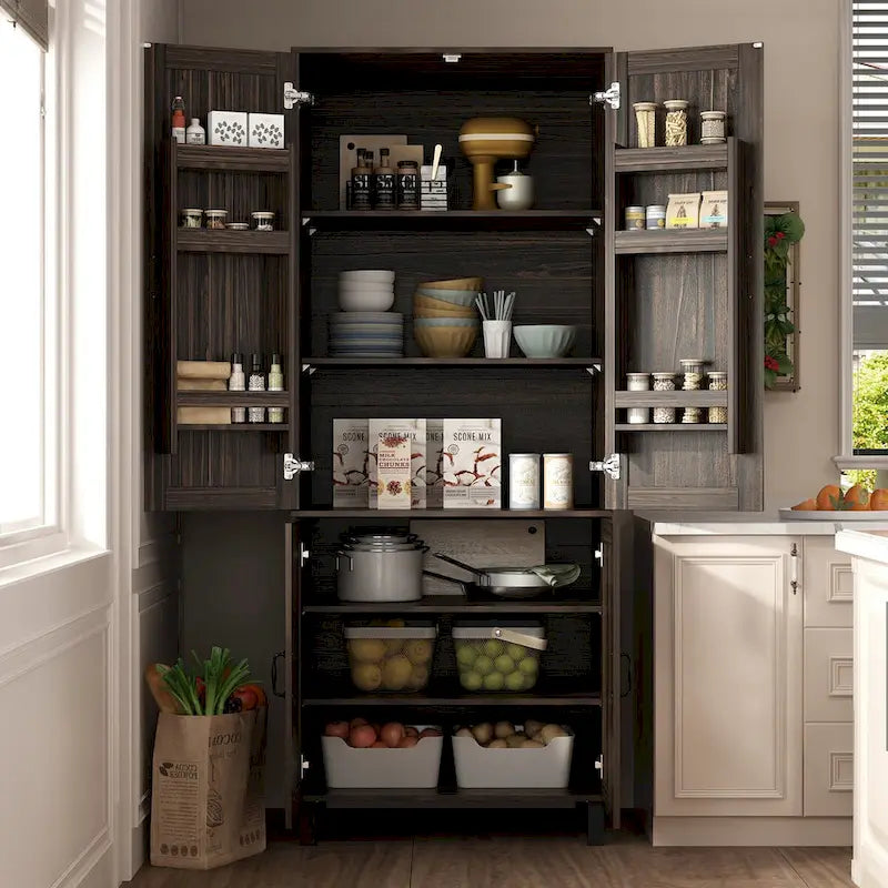 Meuble de rangement 2 portes avec 6 étagères, effet bois foncé