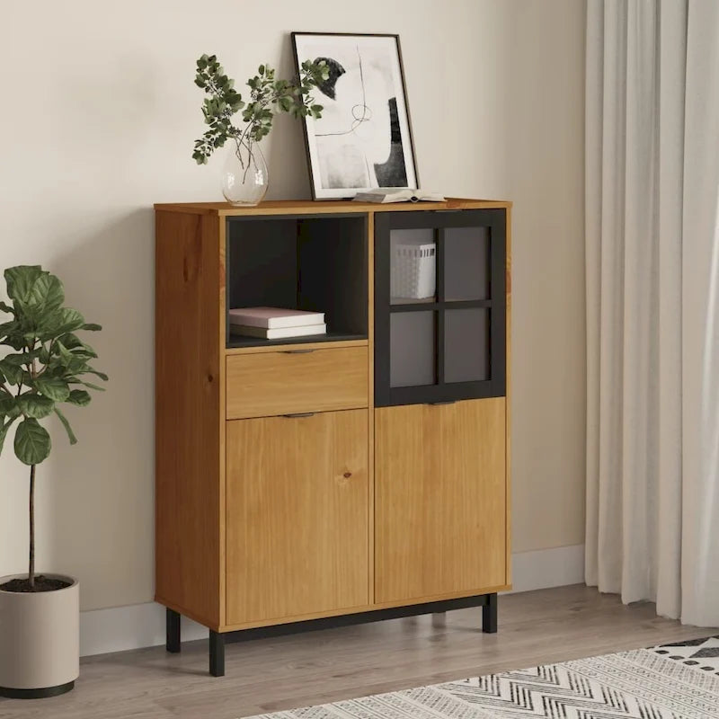 Solid Pine Wood Highboard with Glass Door, Drawer & Open Compartment