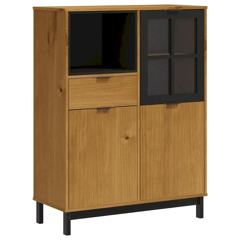 Solid Pine Wood Highboard with Glass Door, Drawer & Open Compartment