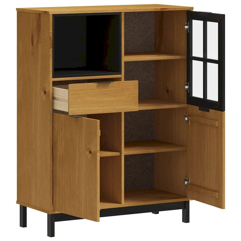 Solid Pine Wood Highboard with Glass Door, Drawer & Open Compartment