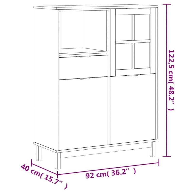 Solid Pine Wood Highboard with Glass Door, Drawer & Open Compartment