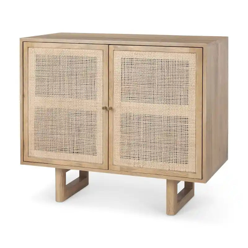 Meuble d'appoint Grier en bois de manguier massif avec portes en cannage à croisillons et poignées en laiton brossé