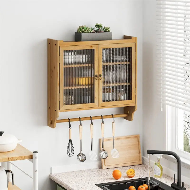 24.8Glass Door Vintage Double Door Wall Cabinet with Three Tiers