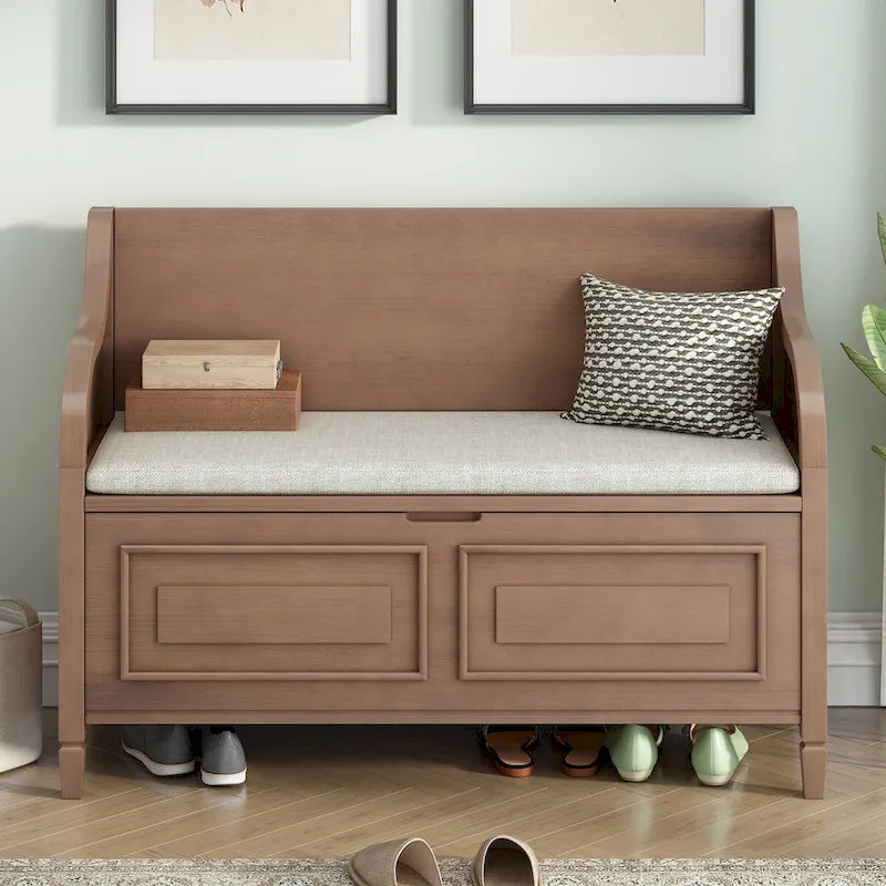 Banc de rangement rustique avec plateau relevable, charnière de sécurité et compartiment caché