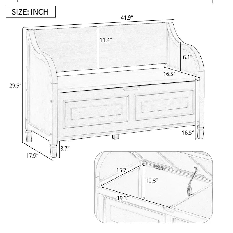 Banc de rangement rustique avec plateau relevable, charnière de sécurité et compartiment caché