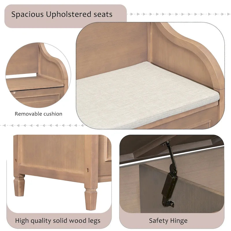Banc de rangement rustique avec plateau relevable, charnière de sécurité et compartiment caché