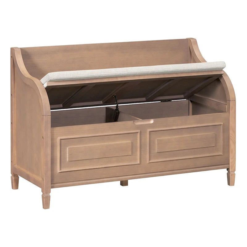 Banc de rangement rustique avec plateau relevable, charnière de sécurité et compartiment caché