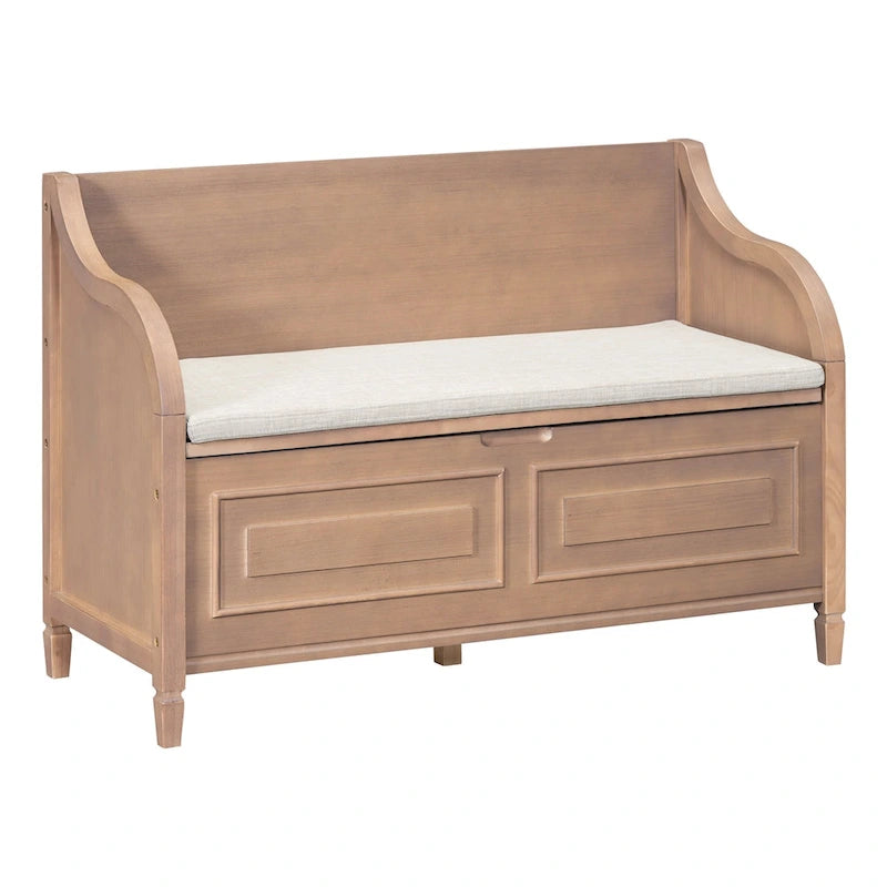 Banc de rangement rustique avec plateau relevable, charnière de sécurité et compartiment caché