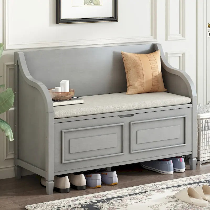 Banc de rangement rustique avec plateau relevable, charnière de sécurité et compartiment caché