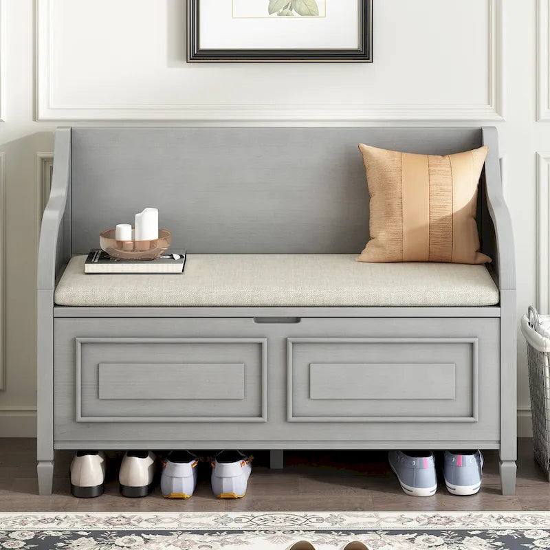 Banc de rangement rustique avec plateau relevable, charnière de sécurité et compartiment caché