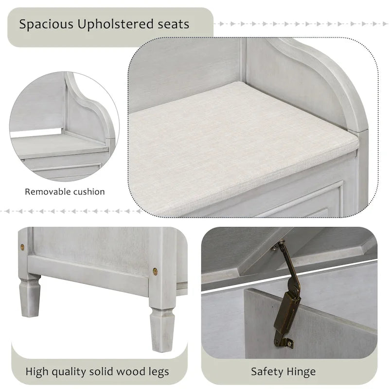 Banc de rangement rustique avec plateau relevable, charnière de sécurité et compartiment caché