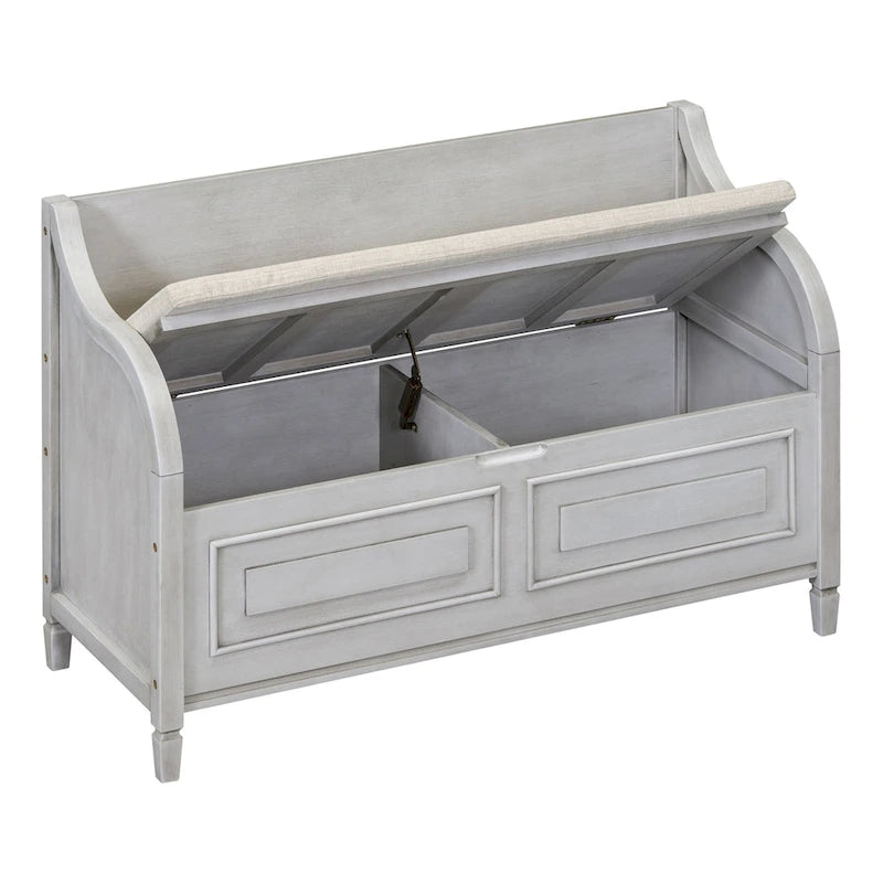 Banc de rangement rustique avec plateau relevable, charnière de sécurité et compartiment caché