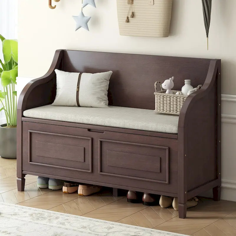 Banc de rangement rustique avec plateau relevable, charnière de sécurité et compartiment caché