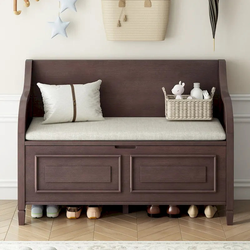 Banc de rangement rustique avec plateau relevable, charnière de sécurité et compartiment caché