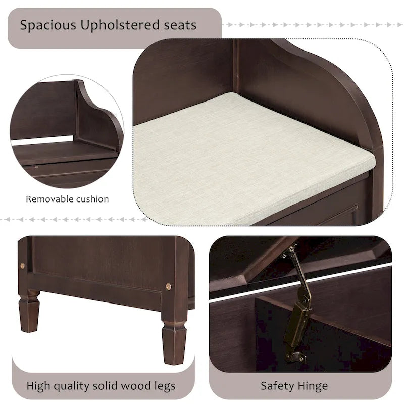 Banc de rangement rustique avec plateau relevable, charnière de sécurité et compartiment caché