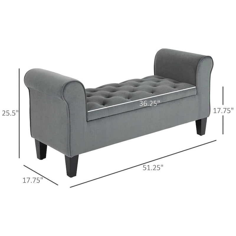Banc de rangement capitonné avec accoudoirs arrondis et siège relevable