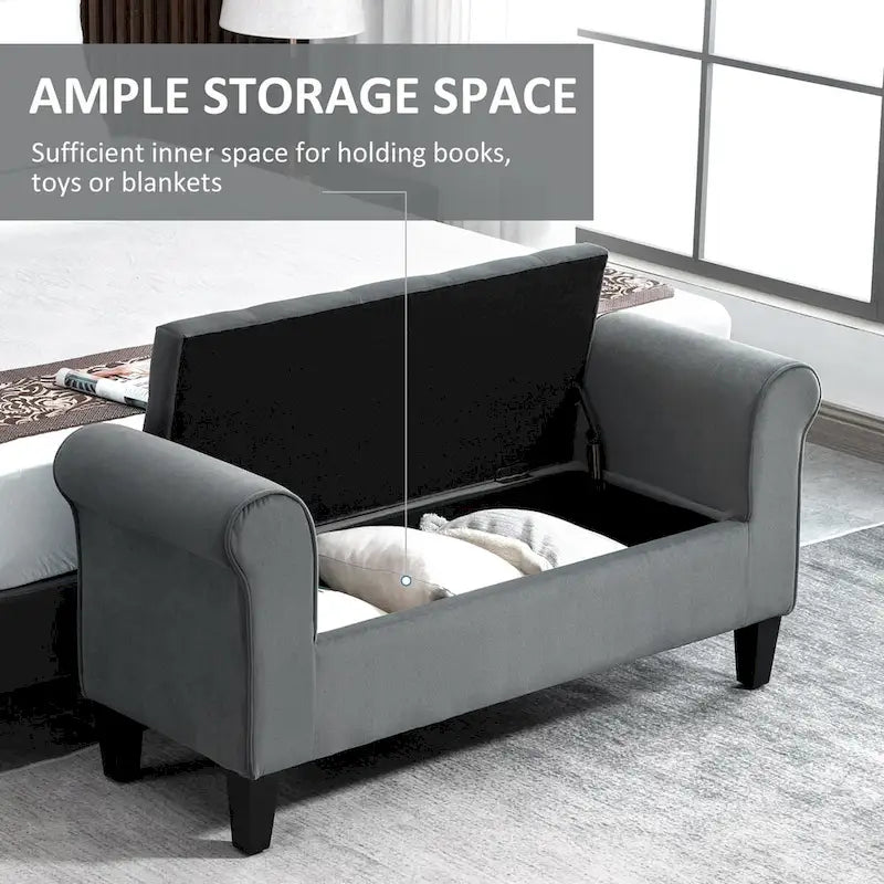 Banc de rangement capitonné avec accoudoirs arrondis et siège relevable