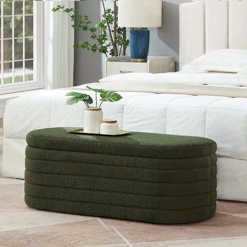 Banc ottoman de rangement ovale en tissu teddy bouclé avec charnière de sécurité – Tabouret de bout de lit
