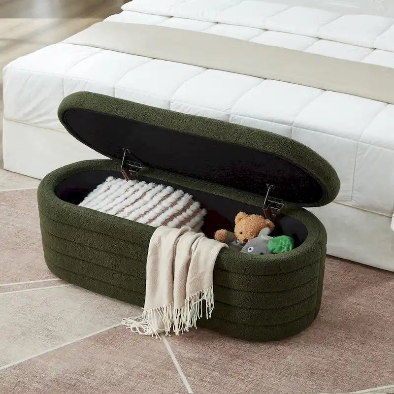 Banc ottoman de rangement ovale en tissu teddy bouclé avec charnière de sécurité – Tabouret de bout de lit