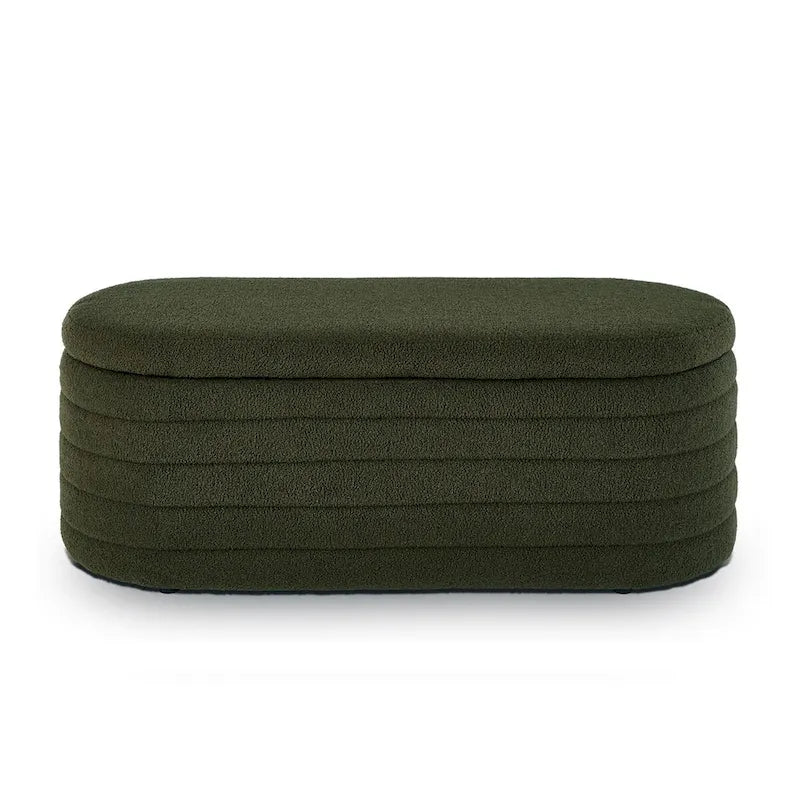 Banc ottoman de rangement ovale en tissu teddy bouclé avec charnière de sécurité – Tabouret de bout de lit