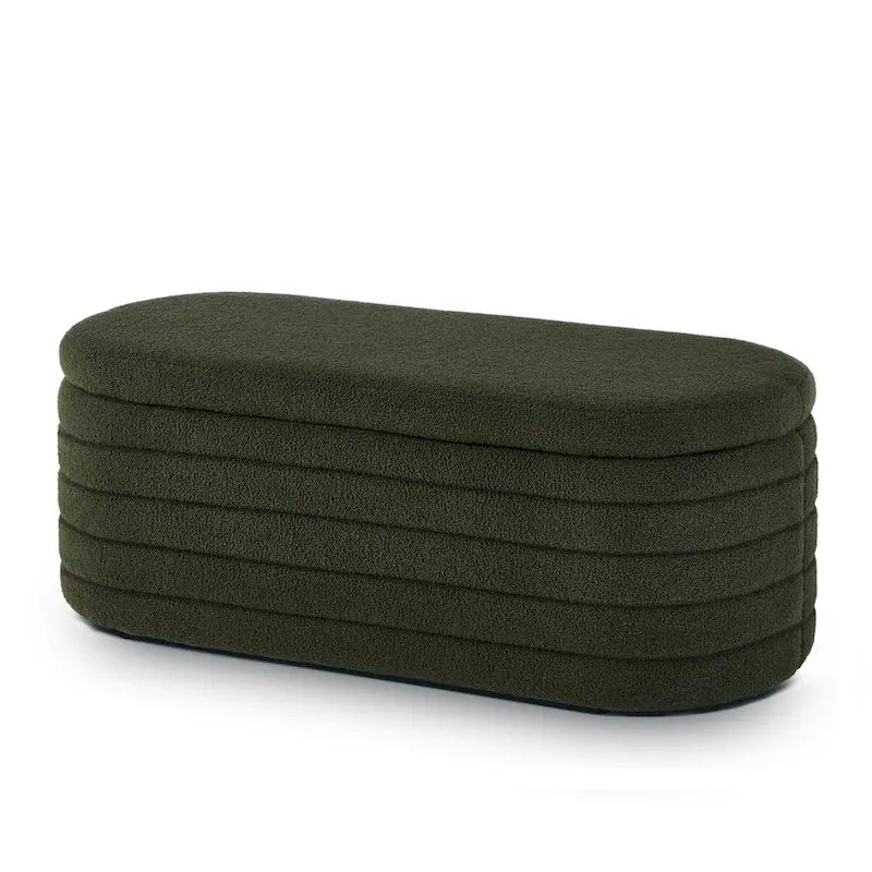 Banc ottoman de rangement ovale en tissu teddy bouclé avec charnière de sécurité – Tabouret de bout de lit