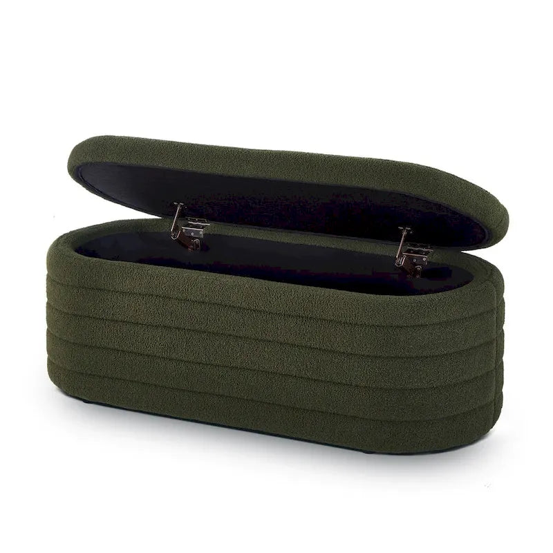 Banc ottoman de rangement ovale en tissu teddy bouclé avec charnière de sécurité – Tabouret de bout de lit
