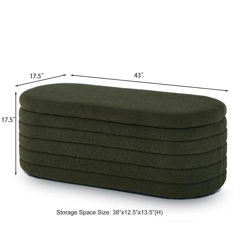 Banc ottoman de rangement ovale en tissu teddy bouclé avec charnière de sécurité – Tabouret de bout de lit