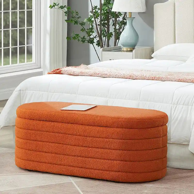 Banc ottoman de rangement ovale en tissu teddy bouclé avec charnière de sécurité – Tabouret de bout de lit