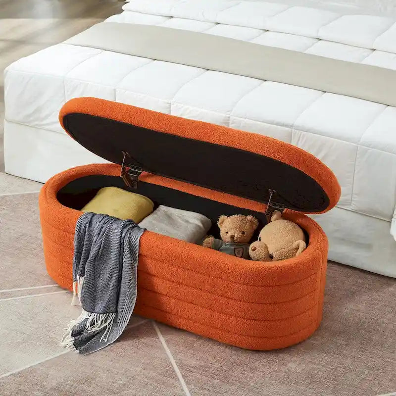 Banc ottoman de rangement ovale en tissu teddy bouclé avec charnière de sécurité – Tabouret de bout de lit