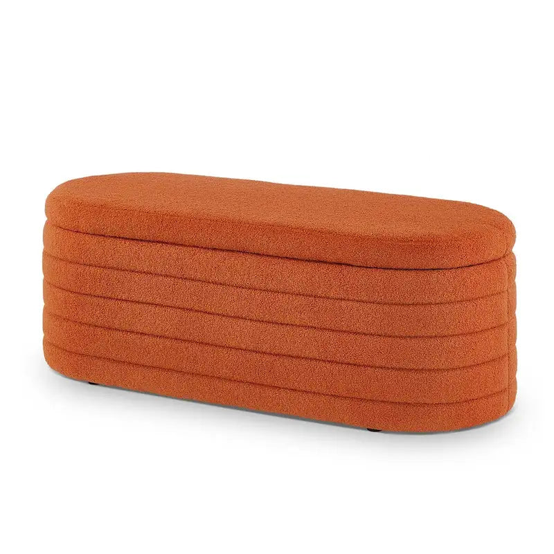Banc ottoman de rangement ovale en tissu teddy bouclé avec charnière de sécurité – Tabouret de bout de lit