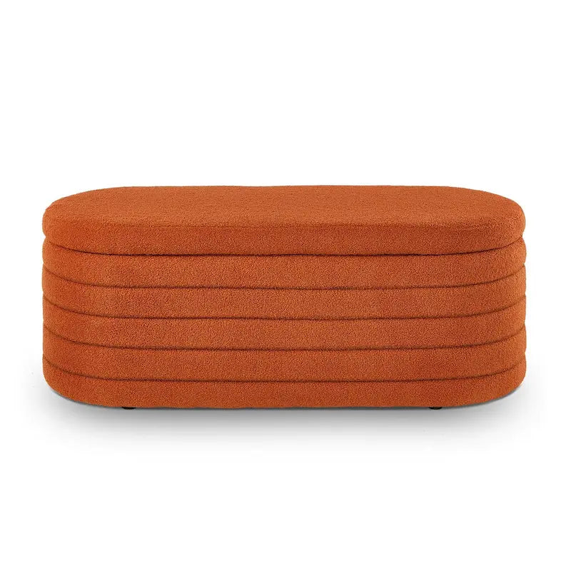Banc ottoman de rangement ovale en tissu teddy bouclé avec charnière de sécurité – Tabouret de bout de lit