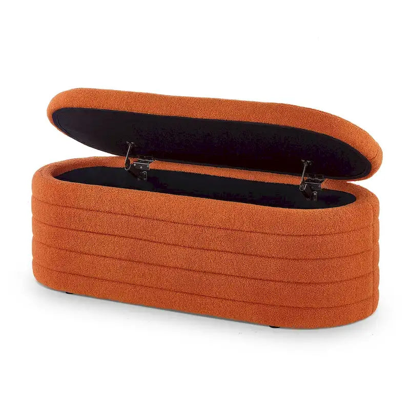 Banc ottoman de rangement ovale en tissu teddy bouclé avec charnière de sécurité – Tabouret de bout de lit