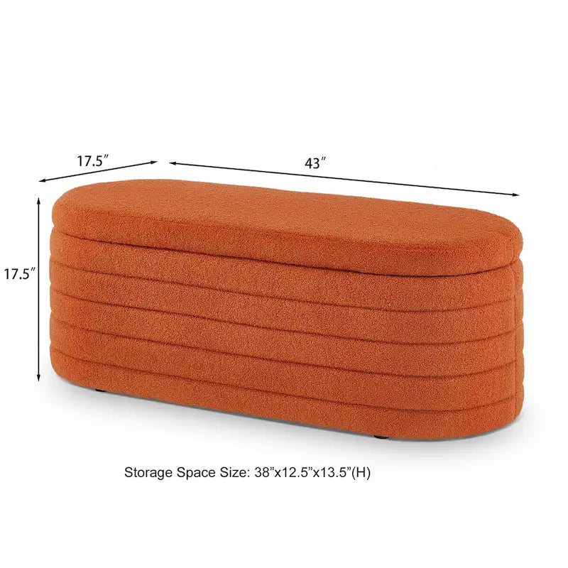 Banc ottoman de rangement ovale en tissu teddy bouclé avec charnière de sécurité – Tabouret de bout de lit