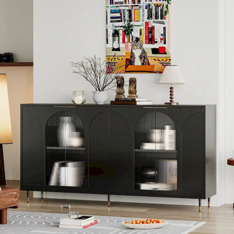 4-Door Fluted Sideboard Cabinet with Metal Legs & Adjustable Shelves